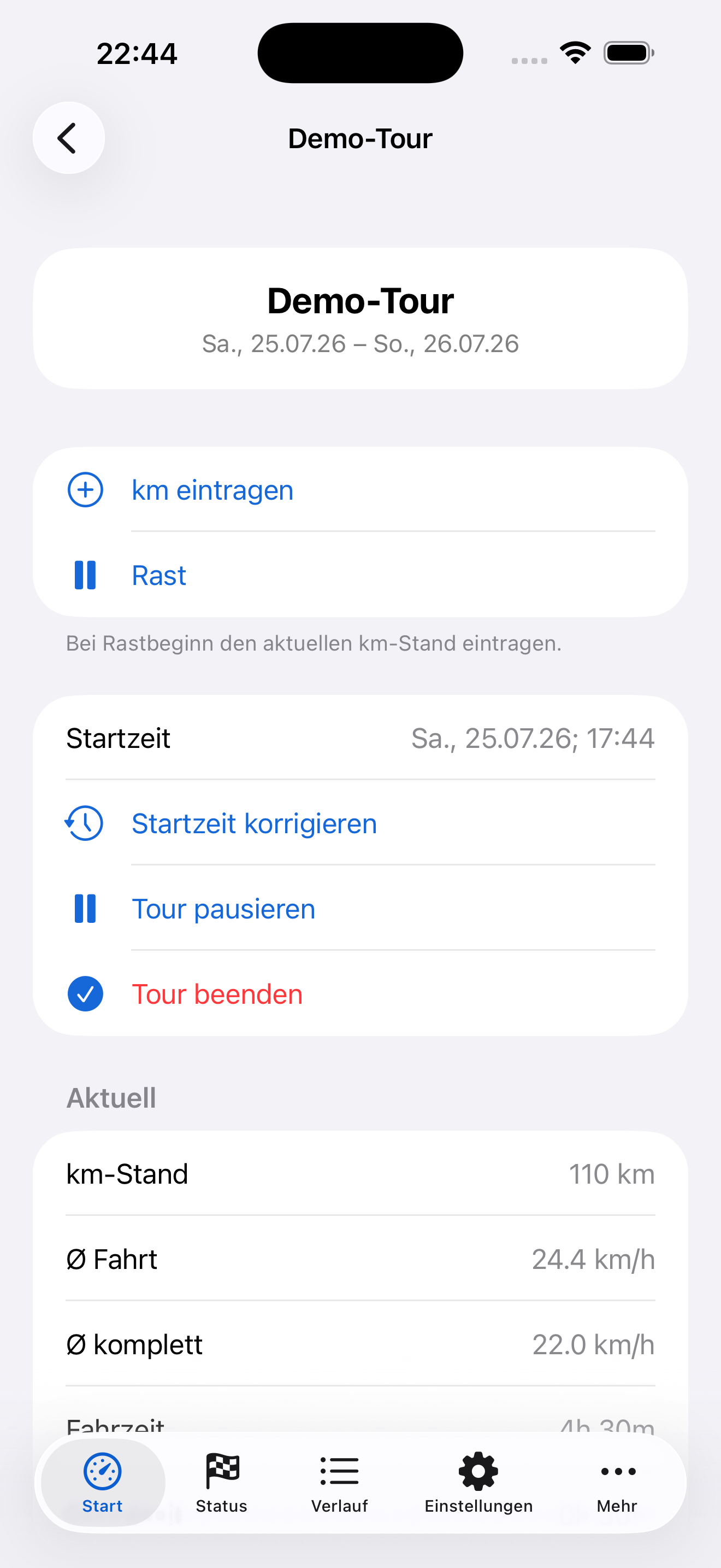 Start: aktueller Kilometerstand und Ø-Tempo